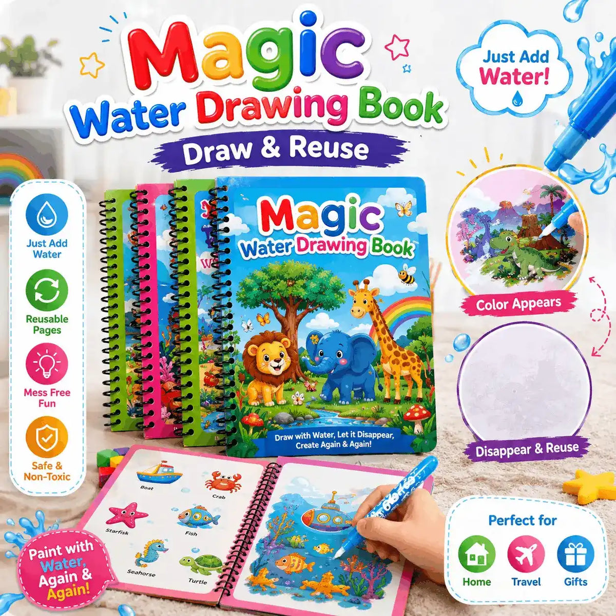 Magic Water Drawing Book - Draw & Reuse